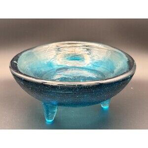 Hand Blown Blue Art Glass Tripod Bowl Vintage 3 Footed Dish